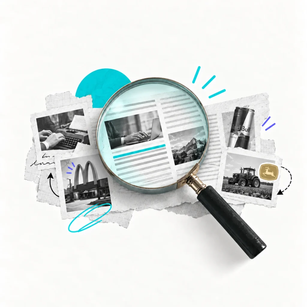 Collage editoriale sul brand journalism con lente d’ingrandimento, ritagli di giornale e riferimenti a brand iconici, con dettagli turchesi e viola su fondo chiaro.
