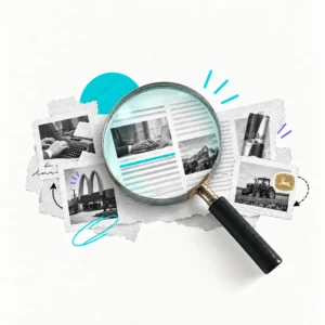 Collage editoriale sul brand journalism con lente d’ingrandimento, ritagli di giornale e riferimenti a brand iconici, con dettagli turchesi e viola su fondo chiaro.