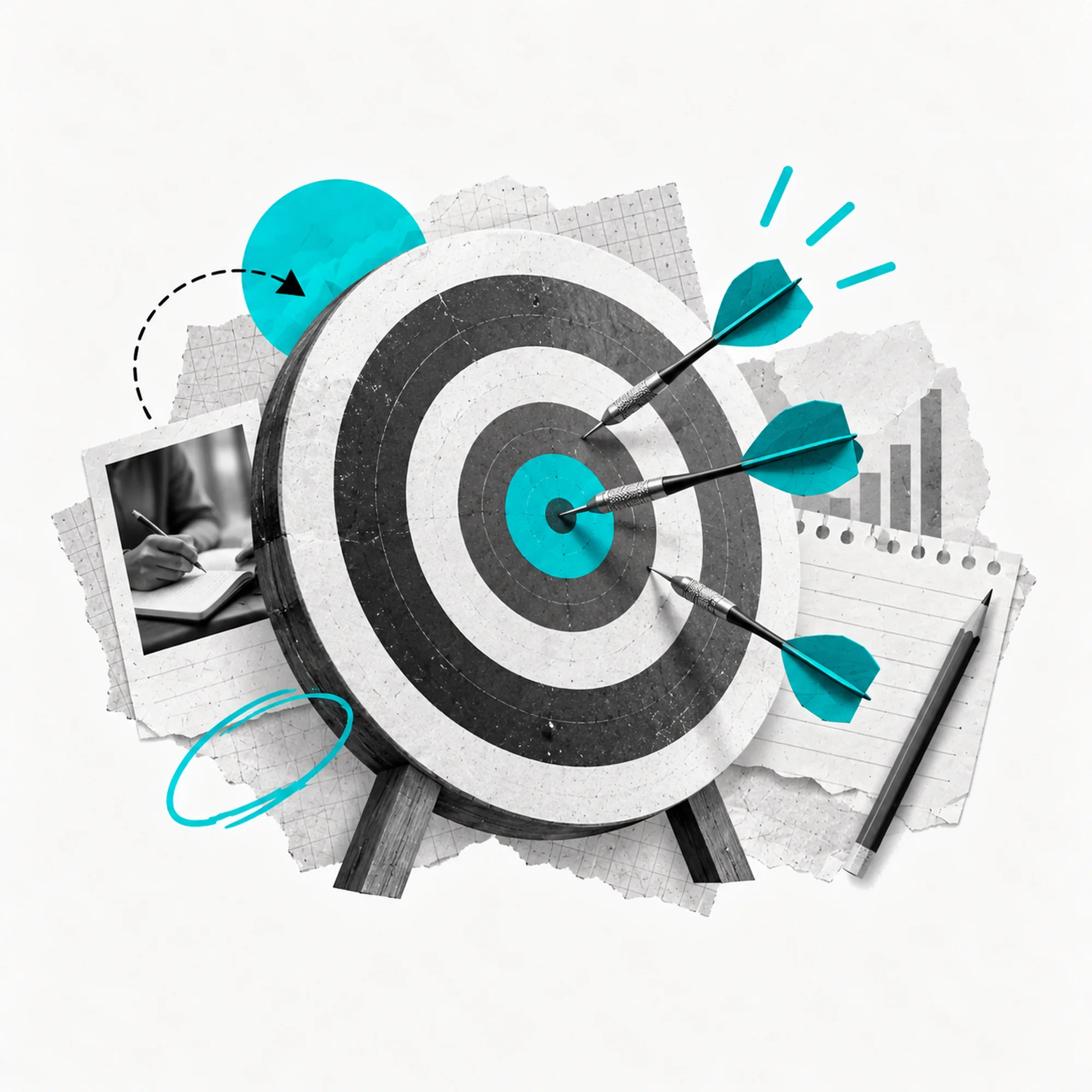 Bersaglio illustrato con frecce e dettagli turchesi in stile collage editoriale, simbolo di focus, pensiero critico e precisione nei contenuti nell’era dell’AI.