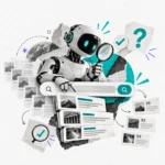 Robot realistico con lente d’ingrandimento davanti a risultati di ricerca e fonti editoriali, simbolo della selezione e verifica dei contenuti nella ricerca generativa.