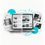 Collage editoriale con laptop, contenuti digitali e strumenti di produzione che rappresentano l’evoluzione del blog aziendale verso una media house d’impresa.