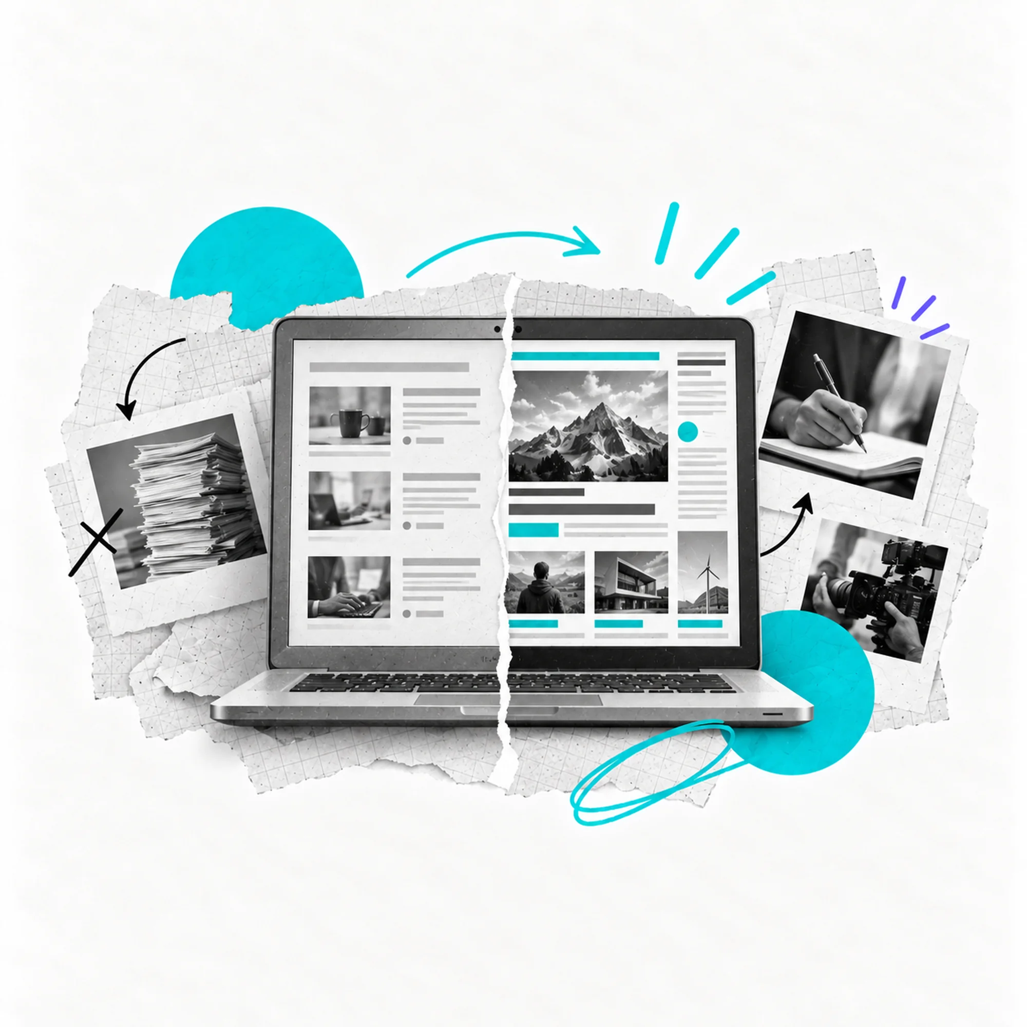 Collage editoriale con laptop, contenuti digitali e strumenti di produzione che rappresentano l’evoluzione del blog aziendale verso una media house d’impresa.