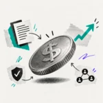 Moneta realistica al centro di un collage editoriale con documenti, crescita, reputazione e capitale organizzativo, simbolo del ROI del brand journalism.