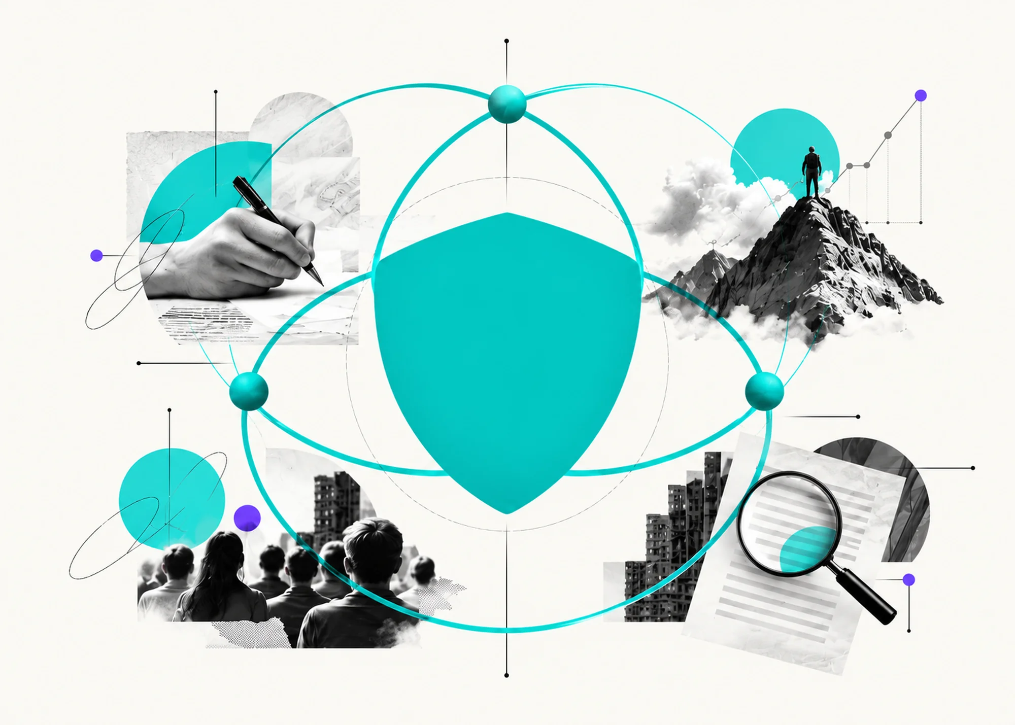 Collage editoriale sul modello di brand journalism a tre dimensioni, con scudo centrale, pubblico, scrittura, analisi e crescita collegati da orbite turchesi