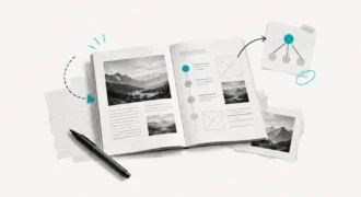 Pagine di un magazine, appunti e grafici collegati per progettare la comunicazione editoriale.