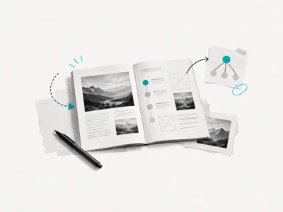 Pagine di un magazine, appunti e grafici collegati per progettare la comunicazione editoriale.