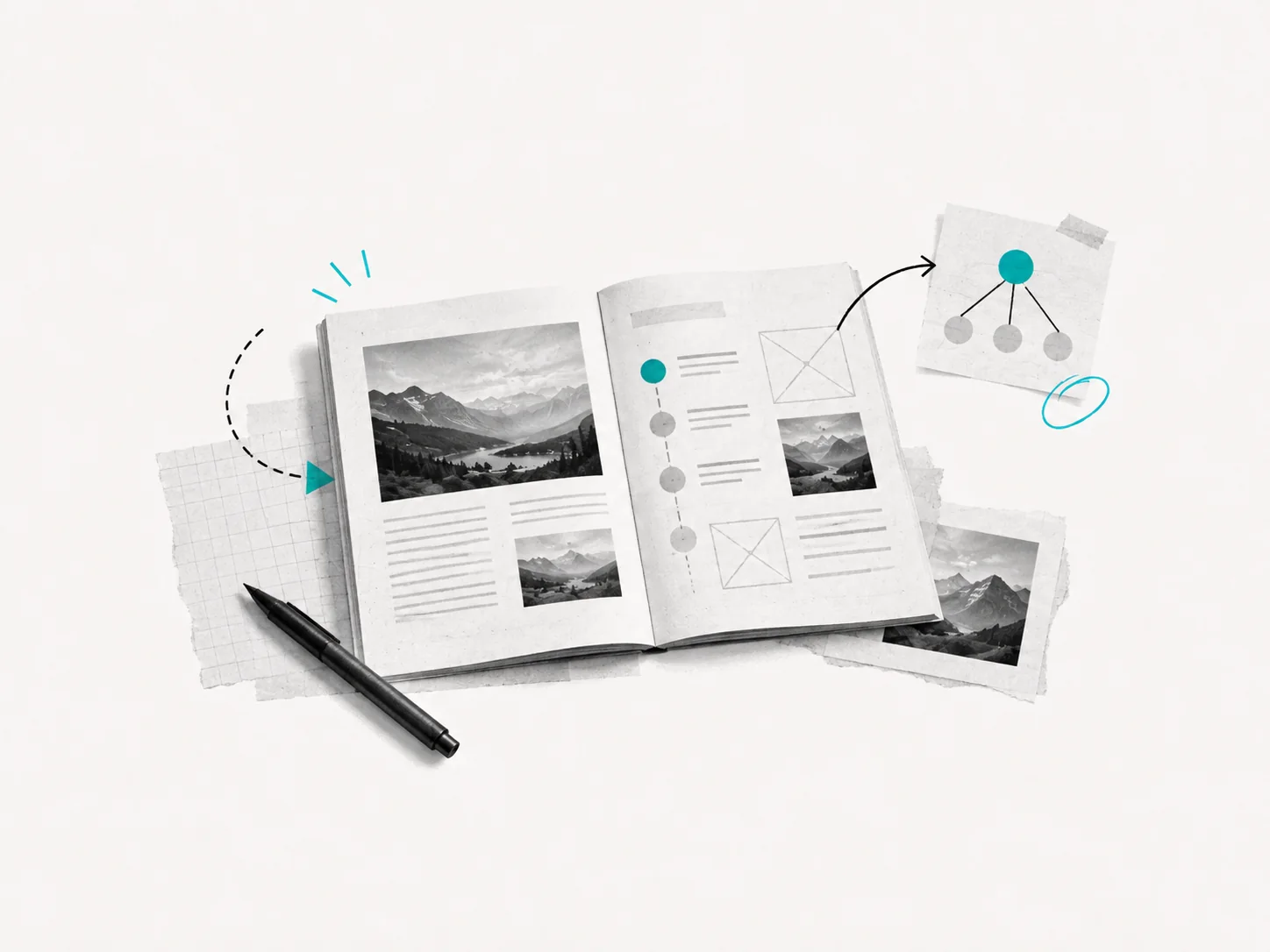 Pagine di un magazine, appunti e grafici collegati per progettare la comunicazione editoriale.