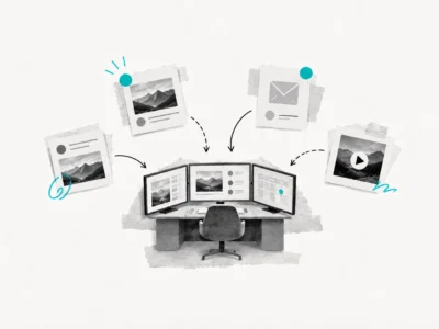 Postazione con più schermi collegata a pagine web, articoli e video per coordinare la comunicazione aziendale.