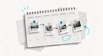 Calendario editoriale con contenuti, immagini e note organizzati nelle caselle.