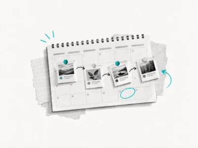 Calendario editoriale con contenuti, immagini e note organizzati nelle caselle.