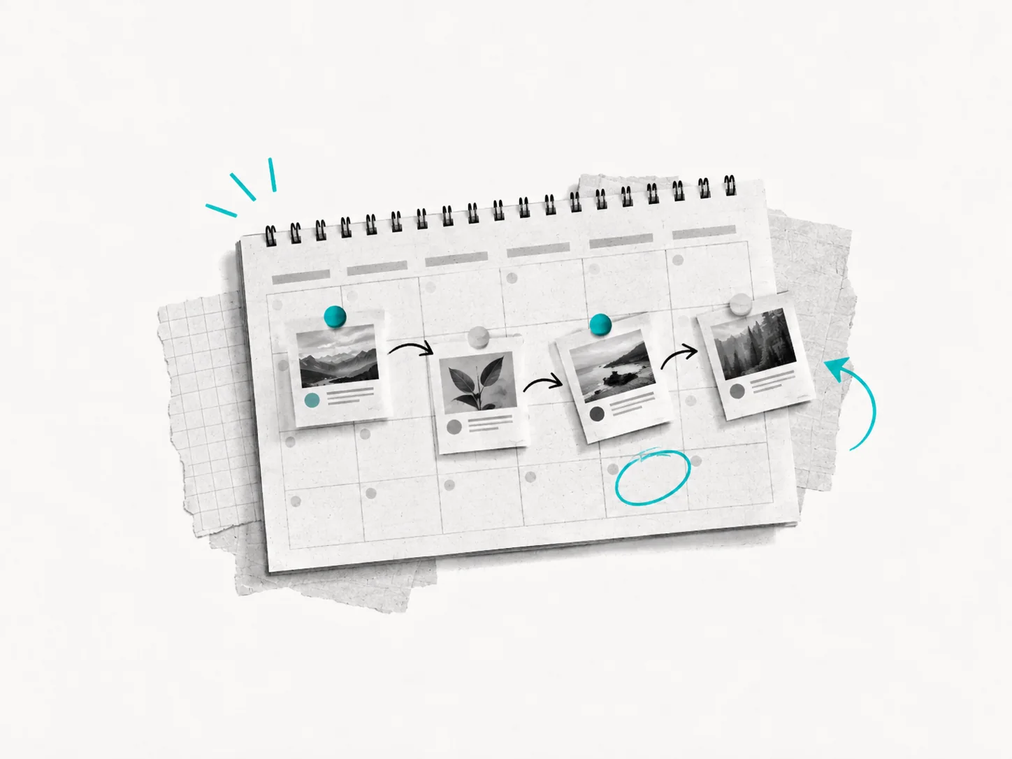 Calendario editoriale con contenuti, immagini e note organizzati nelle caselle.