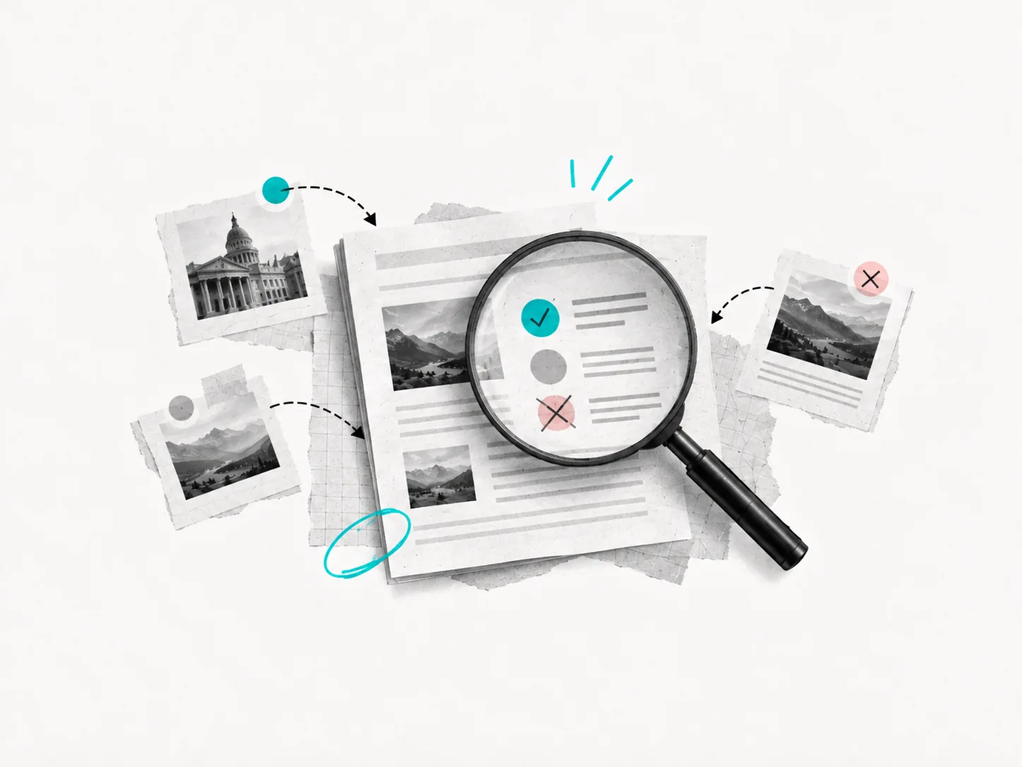 Lente d’ingrandimento su un documento, con segni di verifica e correzione delle informazioni.