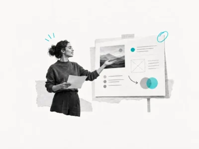 Formatrice che illustra contenuti e struttura di una pagina editoriale su una lavagna.
