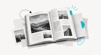 Mook aperto con fotografie e articoli, affiancato da stampe e appunti.