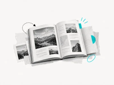 Mook aperto con fotografie e articoli, affiancato da stampe e appunti.