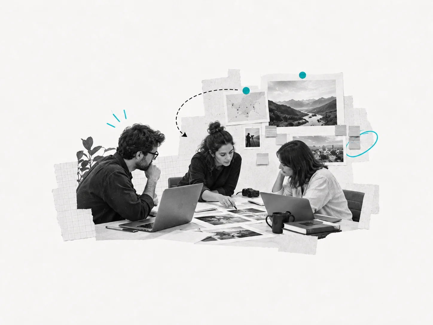 Tre persone lavorano insieme a una redazione, tra computer, documenti e immagini.