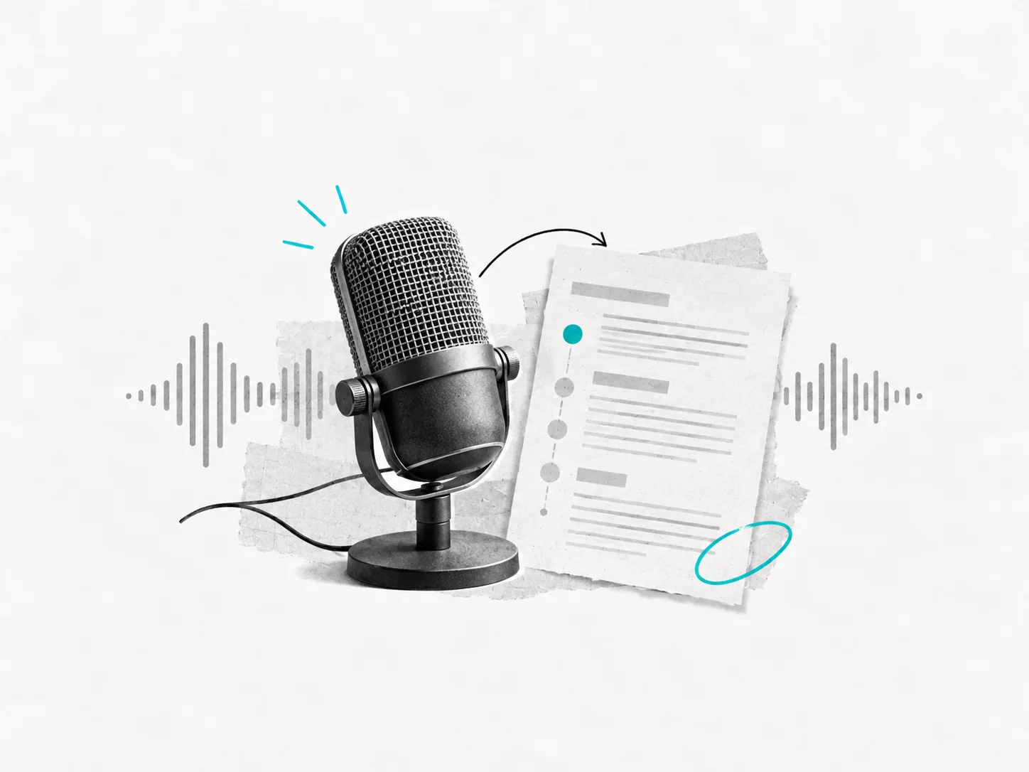 Microfono da studio accanto a una scaletta scritta e a onde sonore.