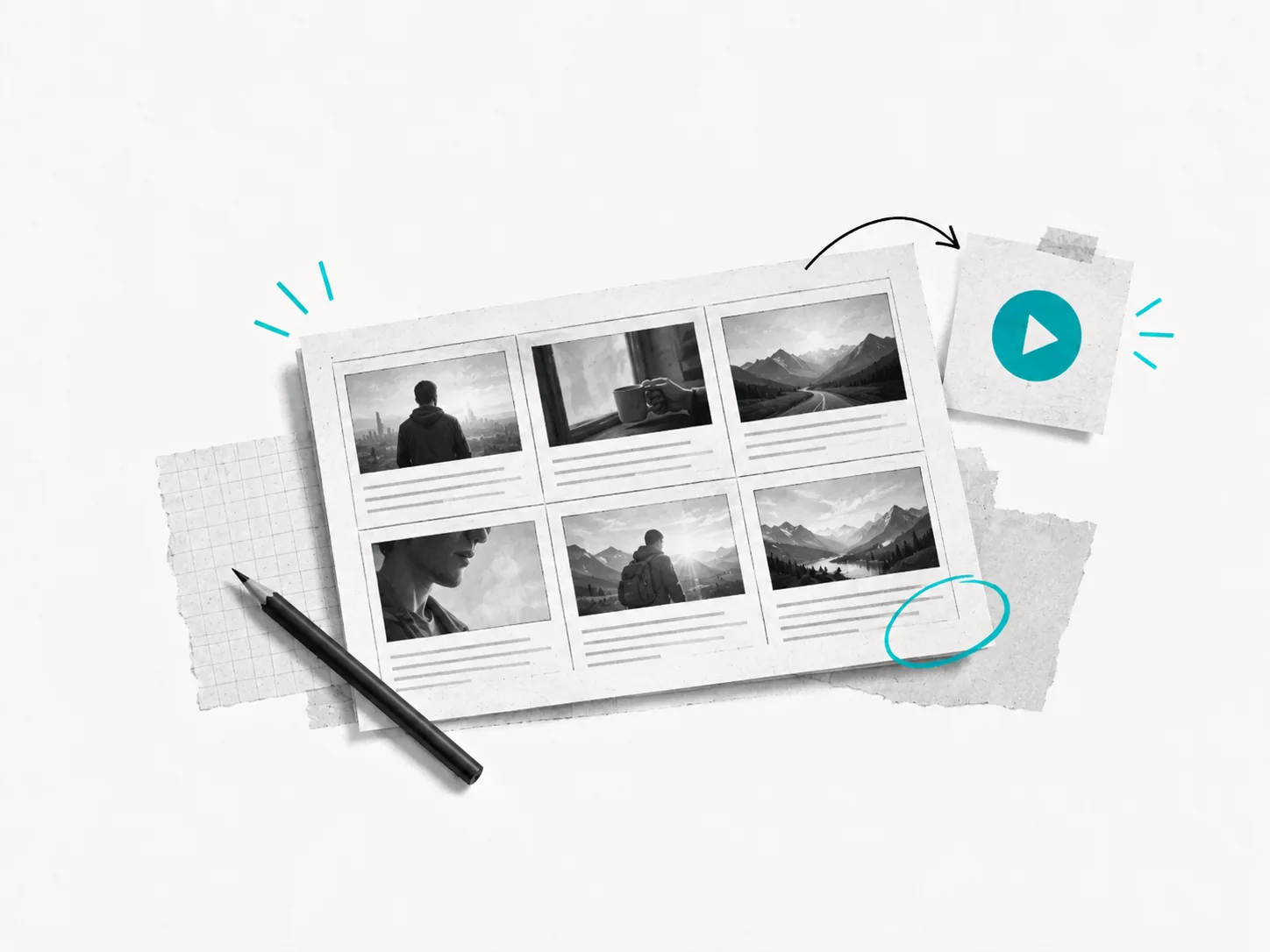 Storyboard con sequenze illustrate, penna e simbolo di riproduzione video.