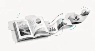 Libro aperto da cui si sviluppa un percorso di fotografie e storie aziendali.