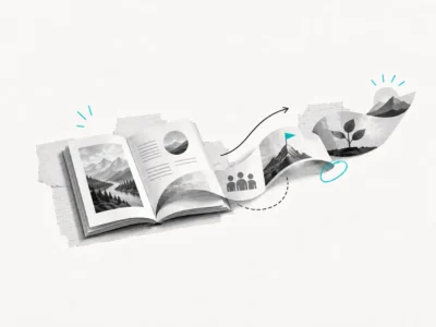 Libro aperto da cui si sviluppa un percorso di fotografie e storie aziendali.