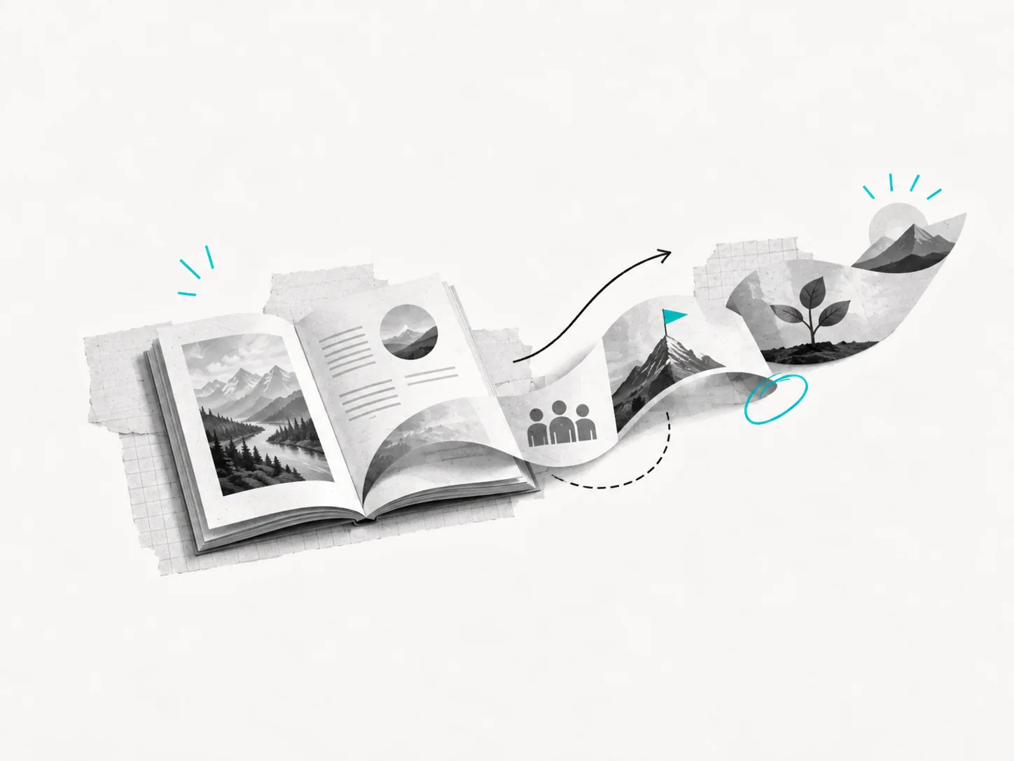 Libro aperto da cui si sviluppa un percorso di fotografie e storie aziendali.